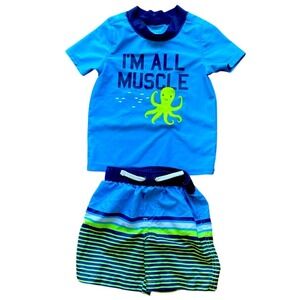 Bundle & SaveToddler 24m Blue Octopus Graphic Rashguard & Striped Swim Short Set